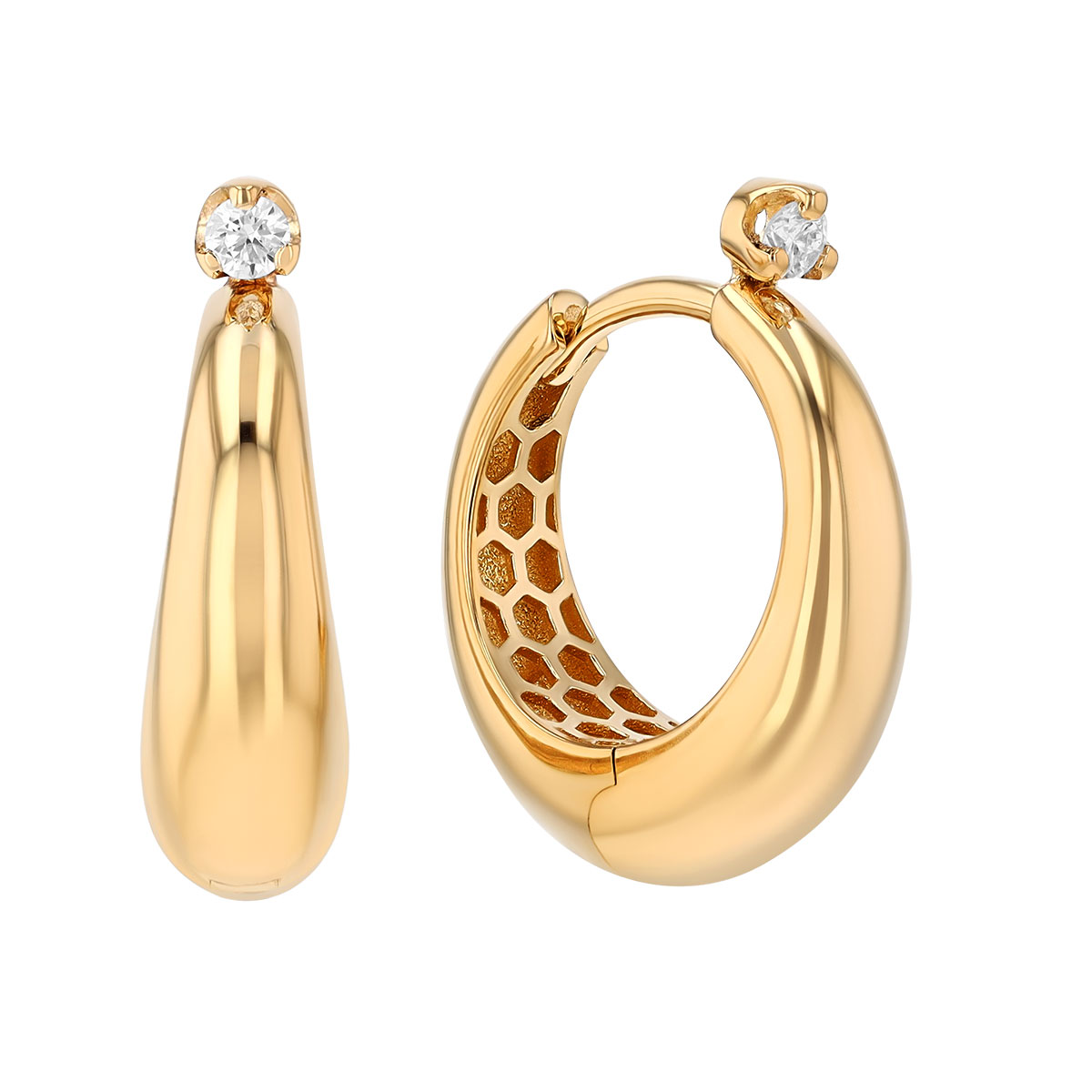 Zoe Chicco Yellow Gold Tapered Hoop Earrings with Prong Set Diamond Accents