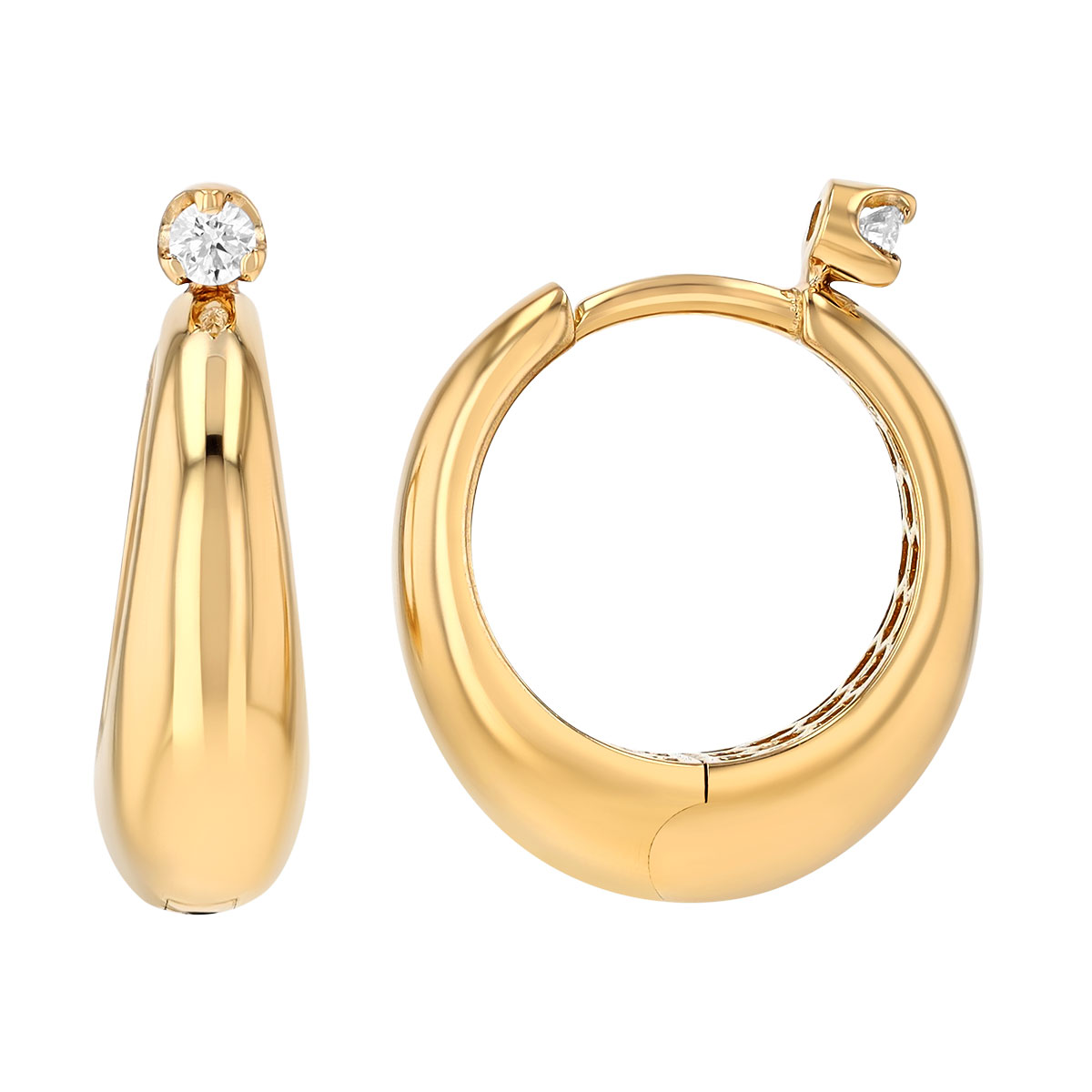 Zoe Chicco Yellow Gold Tapered Hoop Earrings with Prong Set Diamond Accents