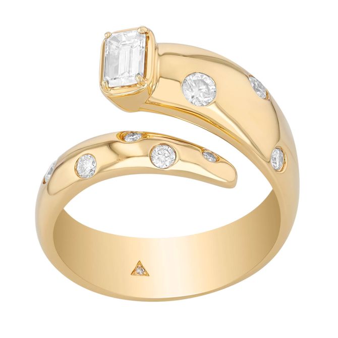 Emerald Cut & Round Diamond Bypass Ring in Yellow Gold