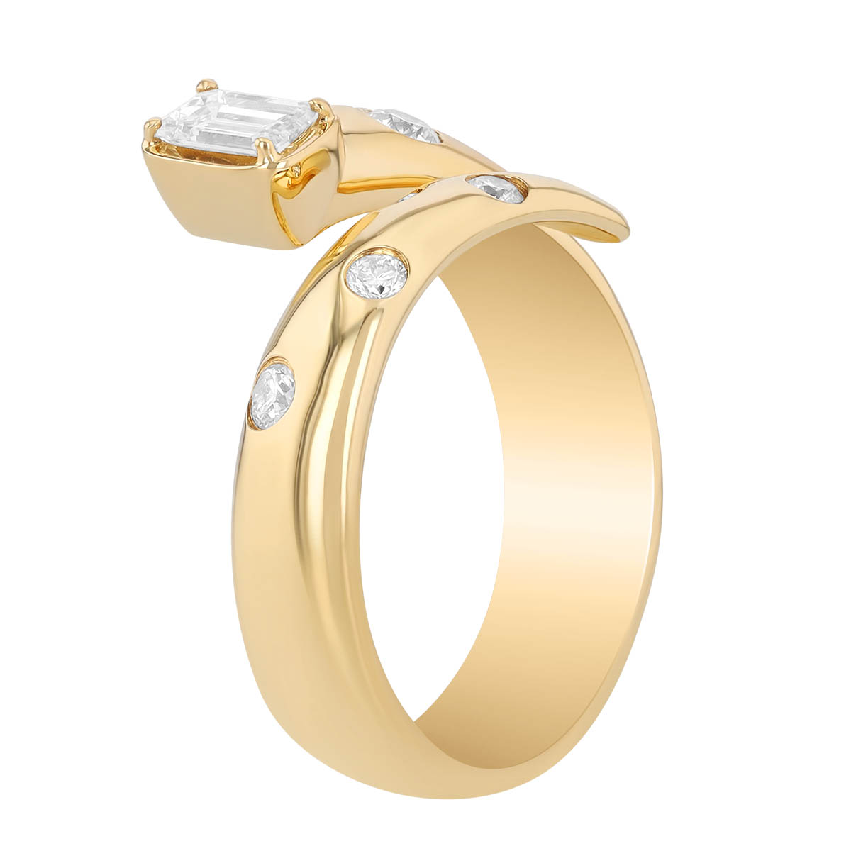 Emerald Cut & Round Diamond Bypass Ring in Yellow Gold