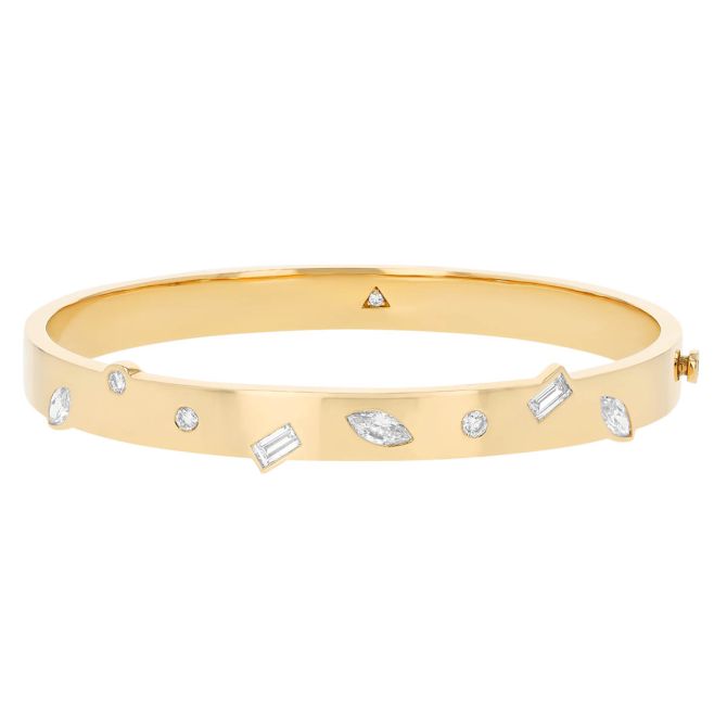 Flush Set Mixed Shape Diamond Bangle Bracelet in Yellow Gold