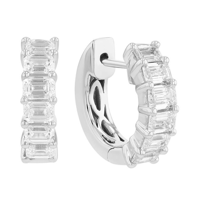Emerald Cut Diamond Huggie Hoop Earrings in White Gold