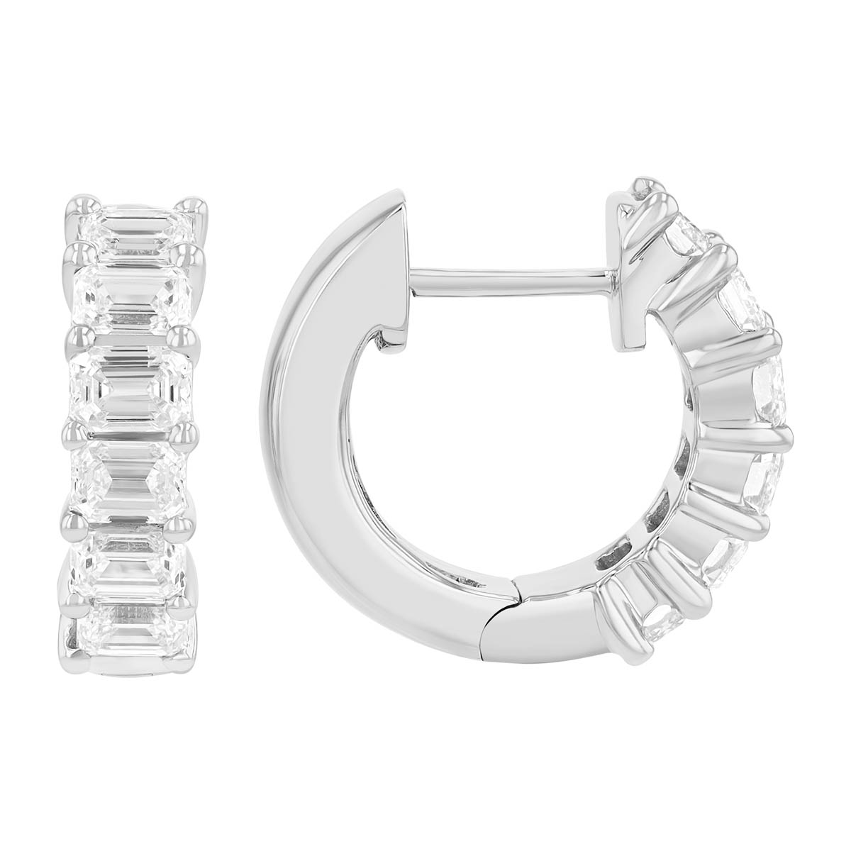 Emerald Cut Diamond Huggie Hoop Earrings in White Gold