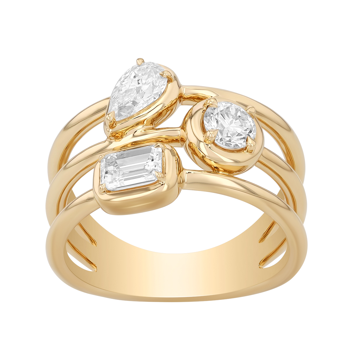 Kwiat Starry Night Mixed Diamond Shape 3 Row Ring in Yellow Gold