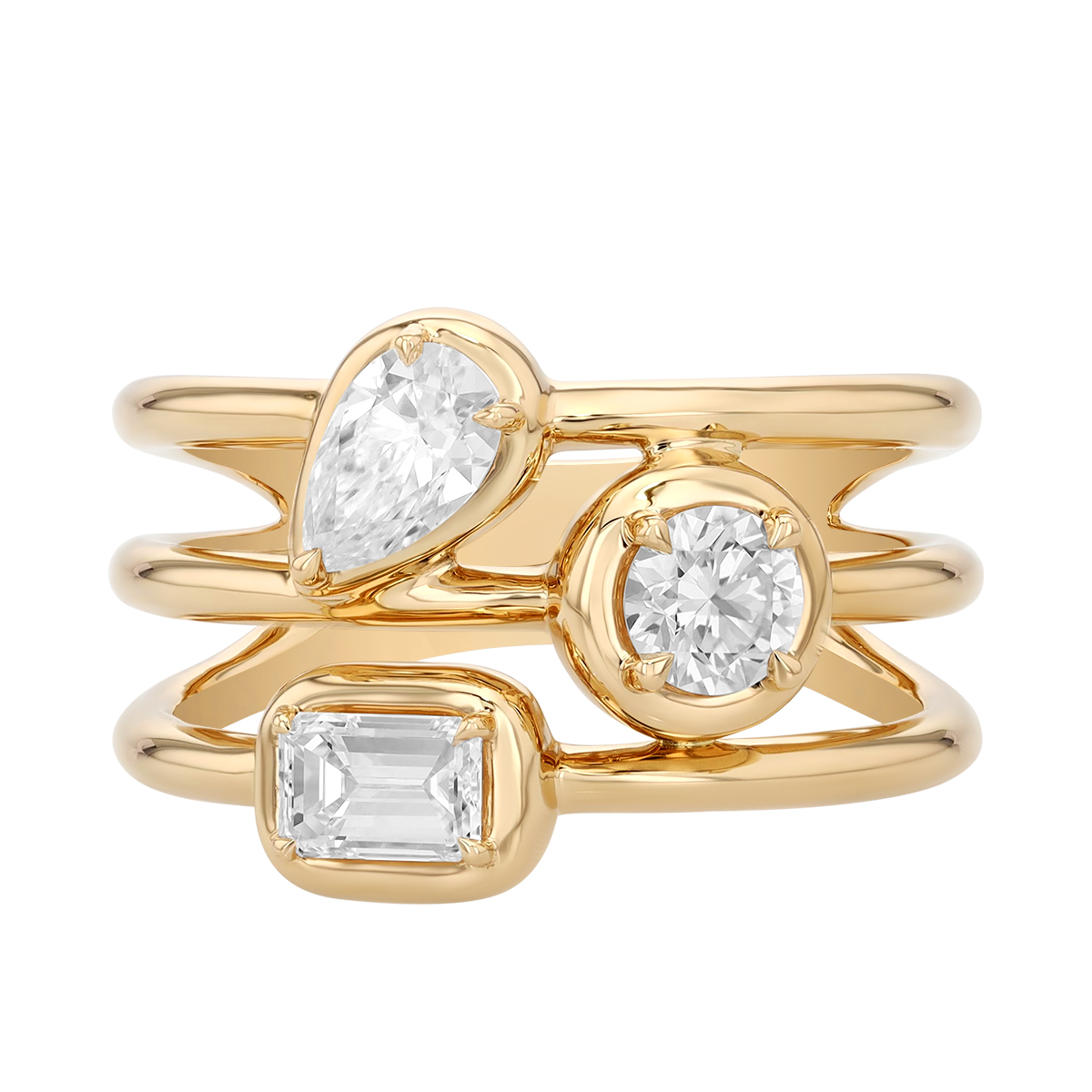 Kwiat Starry Night Mixed Diamond Shape 3 Row Ring in Yellow Gold