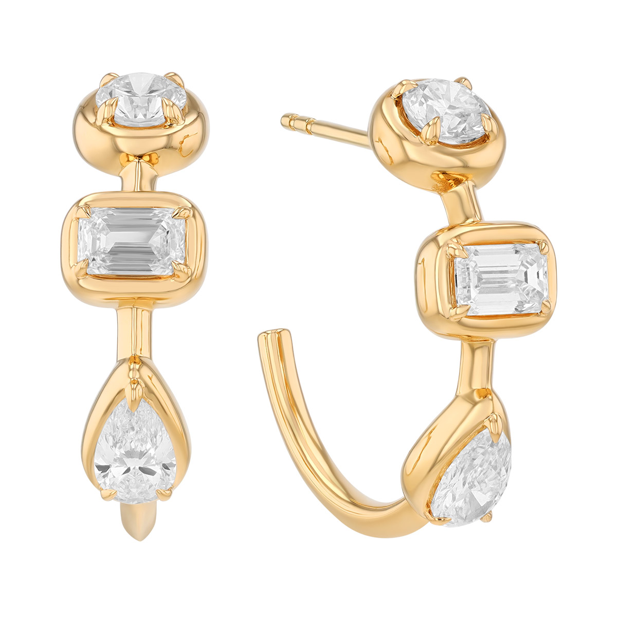 Kwiat Starry Night Mixed Diamond Shape Hoop Earrings in Yellow Gold