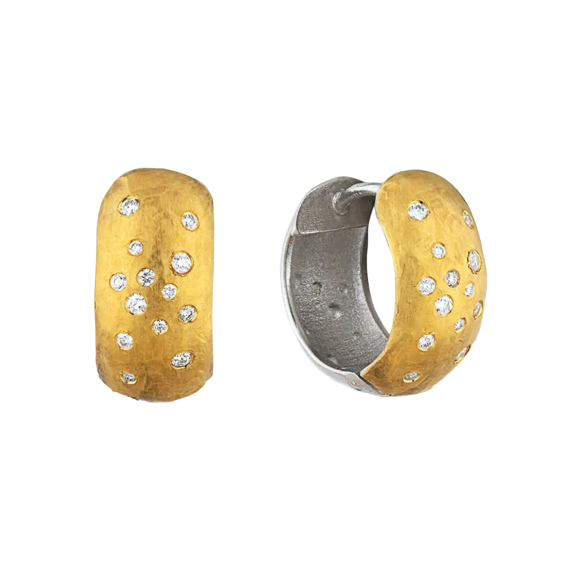 Lika Behar Flush Set Diamond Scatter Huggie Hoop Earrings in Oxidized Sterling Silver & Yellow Tone