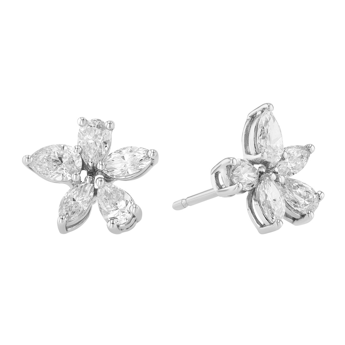 Zydo Collection Pear & Marquise Diamond Floral Stud Earrings in White Gold