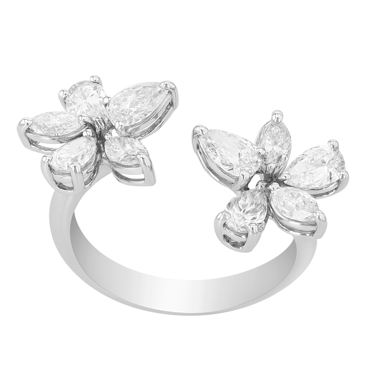 Zydo Collection Mixed Shape Diamond Flower Duo Open Ring in White Gold