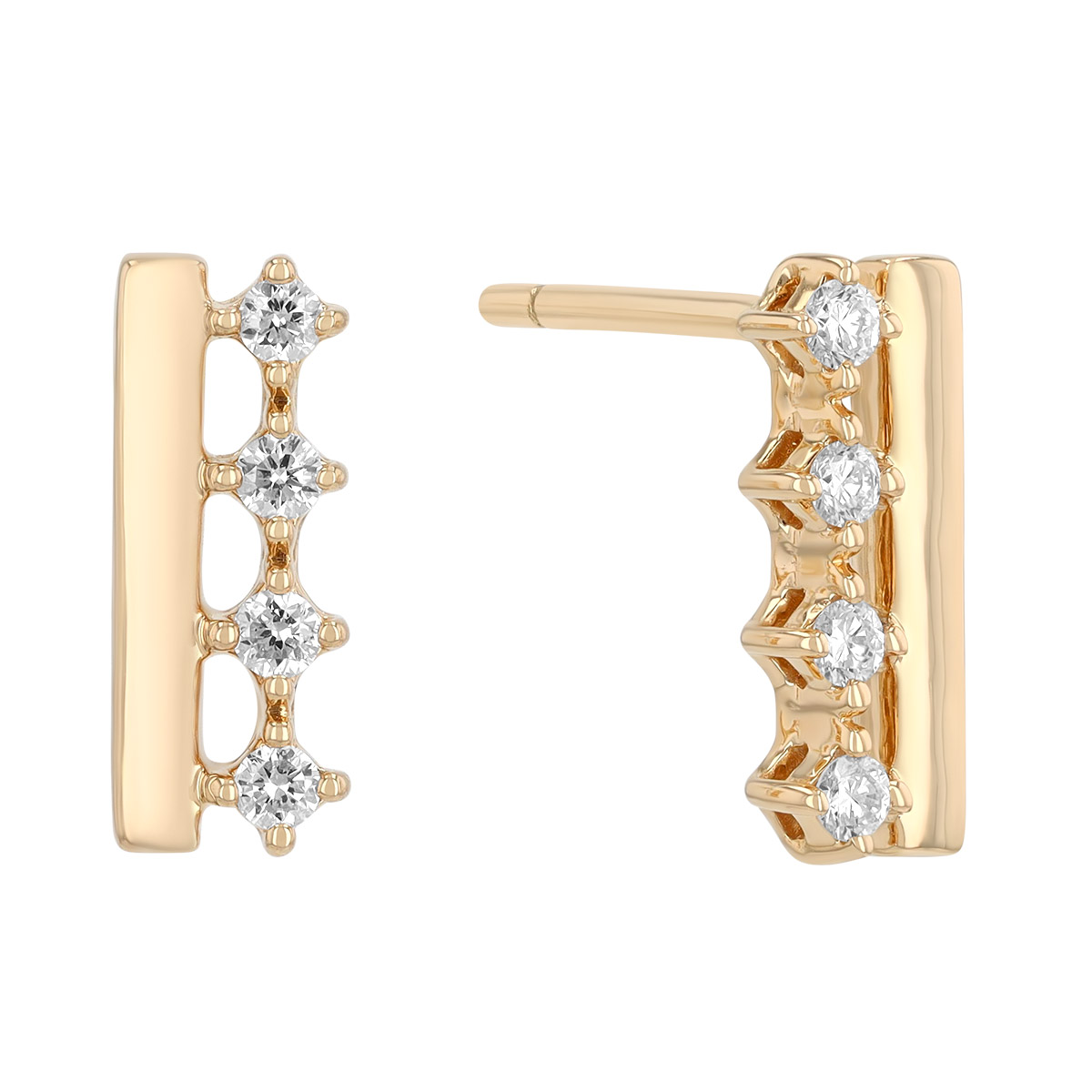 Diamond & Yellow Gold Bar Dainty Stud Earrings