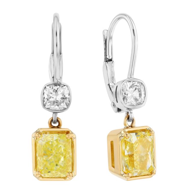 J.B. Star Radiant Cut Fancy Yellow & White Diamond Dangle Earrings in Platinum