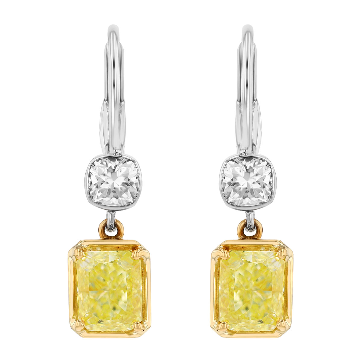 J.B. Star Radiant Cut Fancy Yellow & White Diamond Dangle Earrings in Platinum
