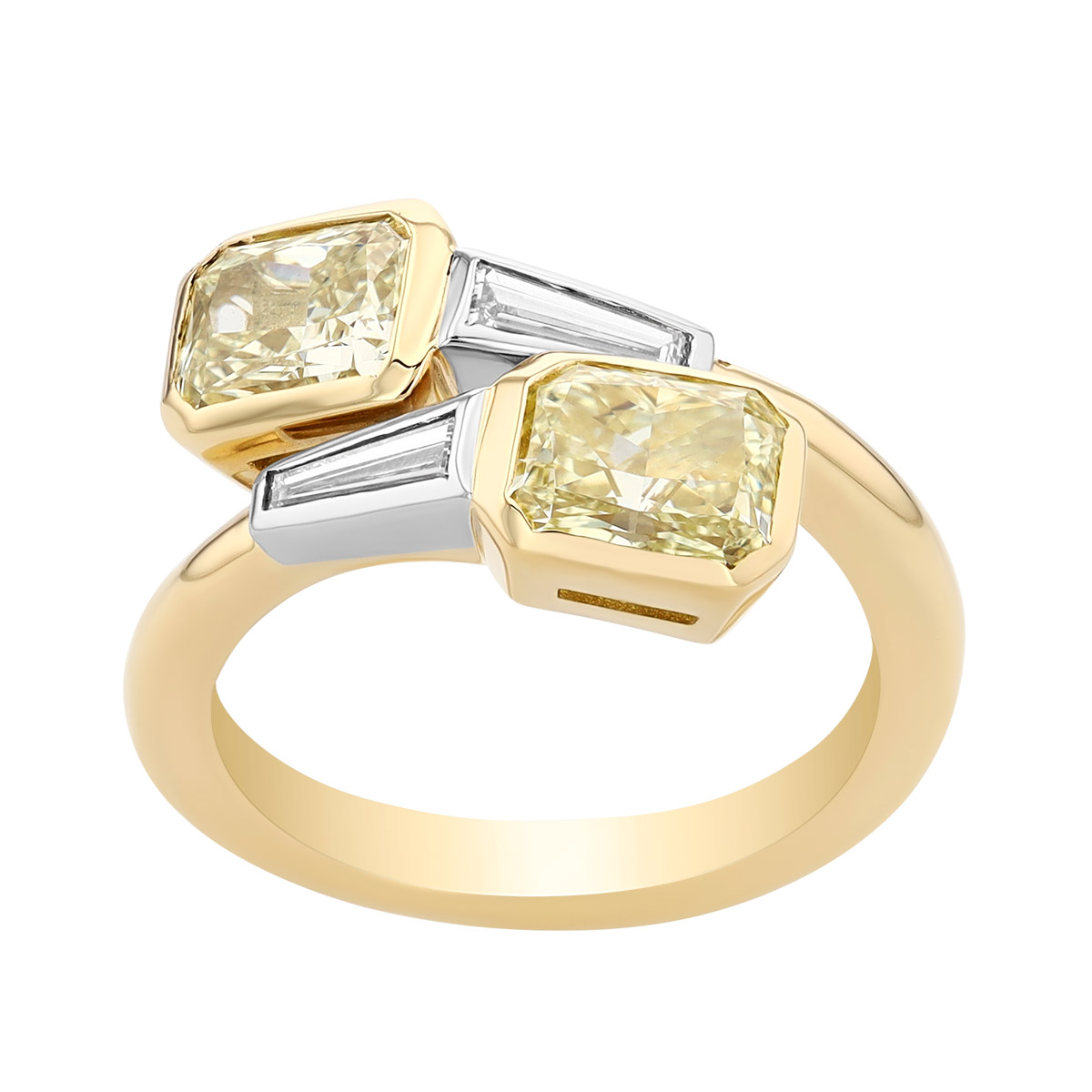 J.B. Star Radiant Fancy Yellow & Tapered Baguette Diamond Bypass Ring in Yellow Gold & Platinum