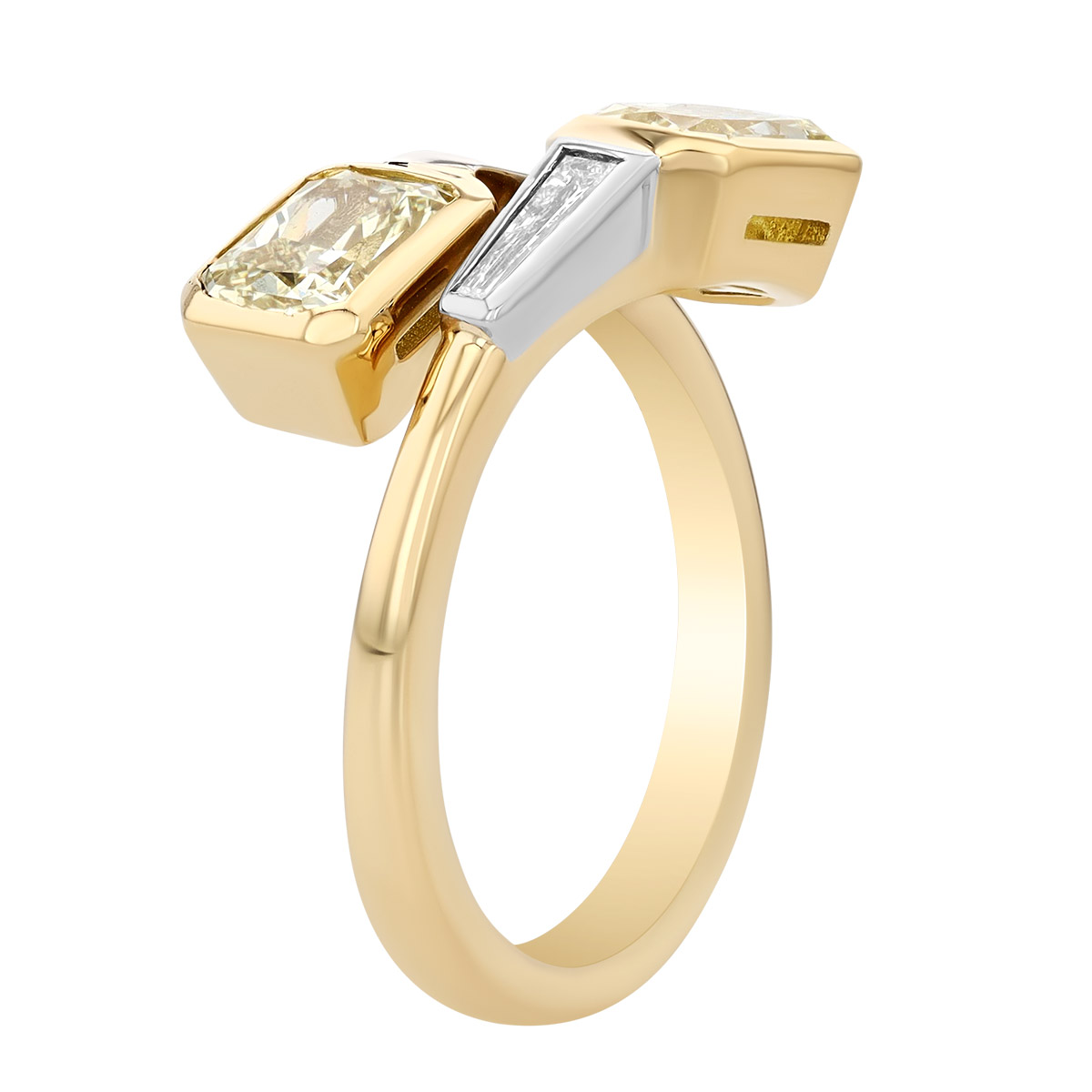 J.B. Star Radiant Fancy Yellow & Tapered Baguette Diamond Bypass Ring in Yellow Gold & Platinum