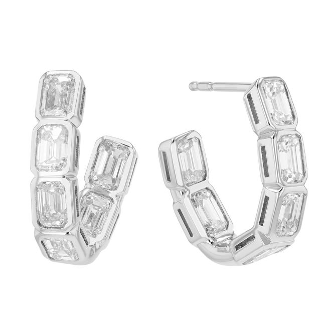 J.B. Star Bezel Set Emerald Cut Diamond In & Out Hoop Earrings in Platinum