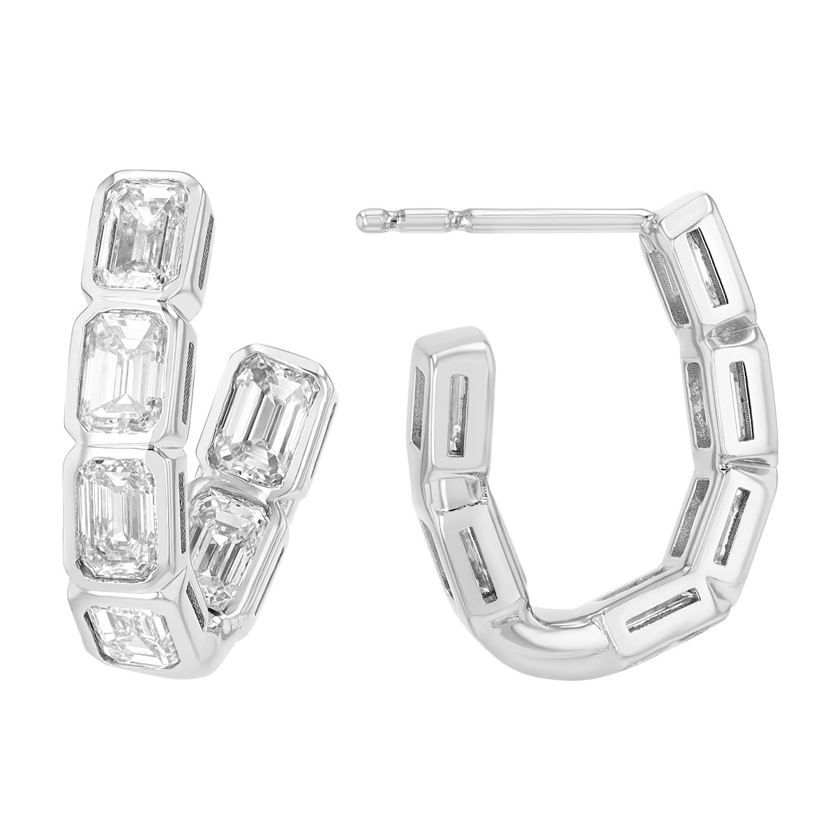 J.B. Star Bezel Set Emerald Cut Diamond In & Out Hoop Earrings in Platinum