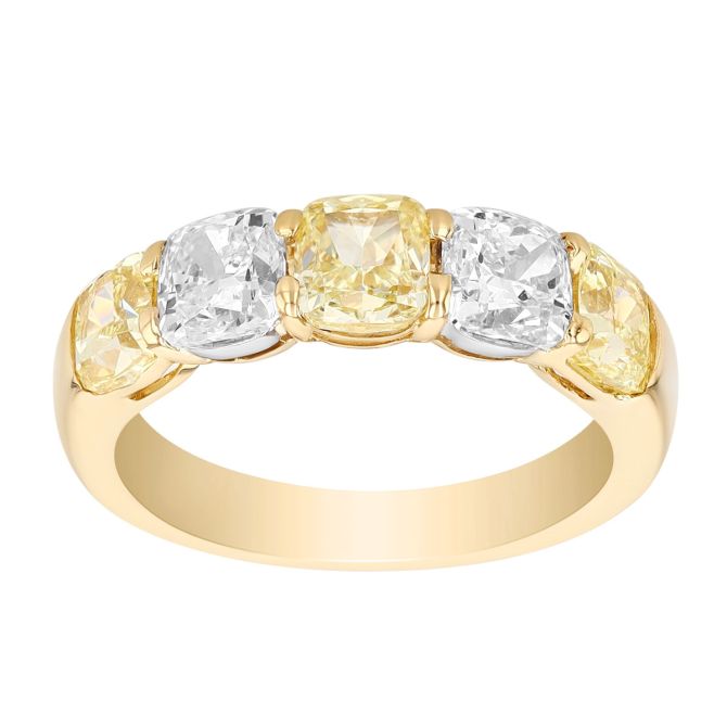 J.B. Star Cushion Cut Fancy Yellow & White Diamond Ring in Yellow Gold & Platinum