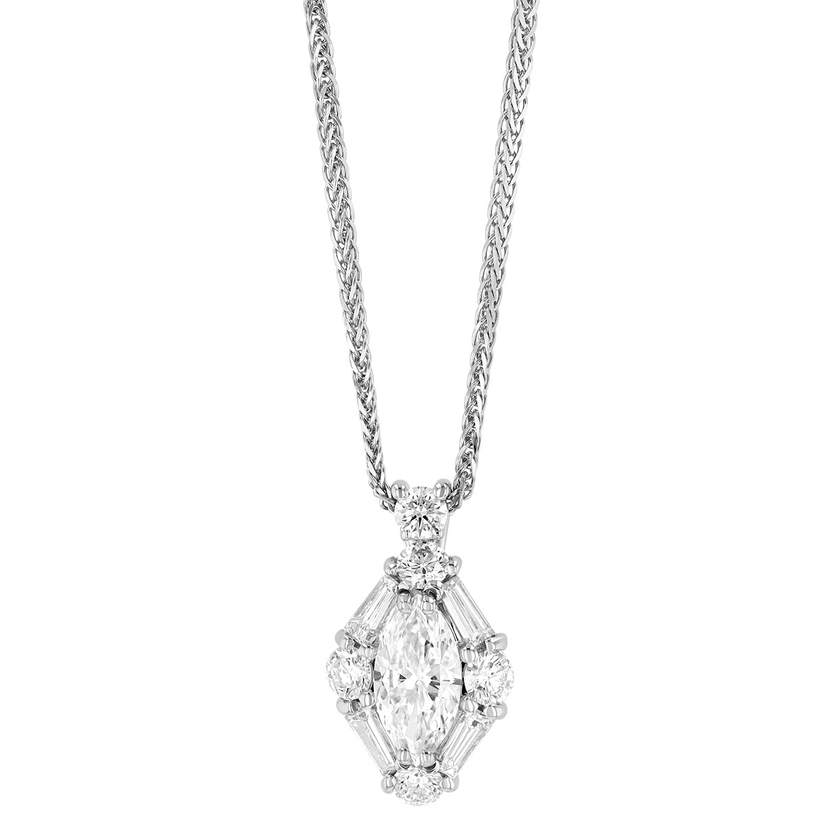 J.B. Star Marquise, Tapered Baguette, & Round Diamond Pendant in Platinum, 18