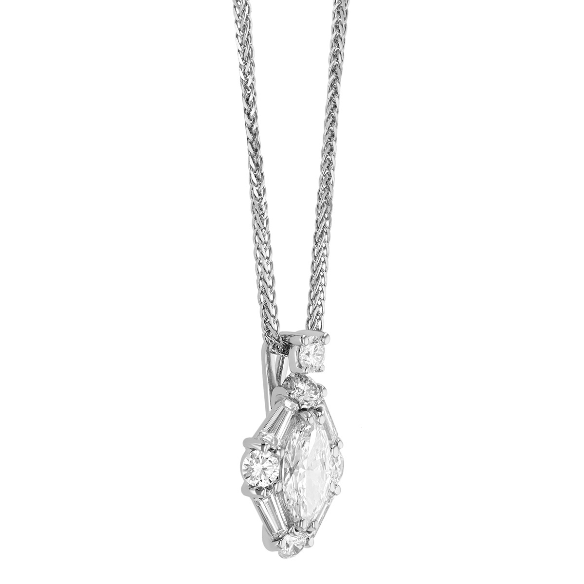 J.B. Star Marquise, Tapered Baguette, & Round Diamond Pendant in Platinum, 18