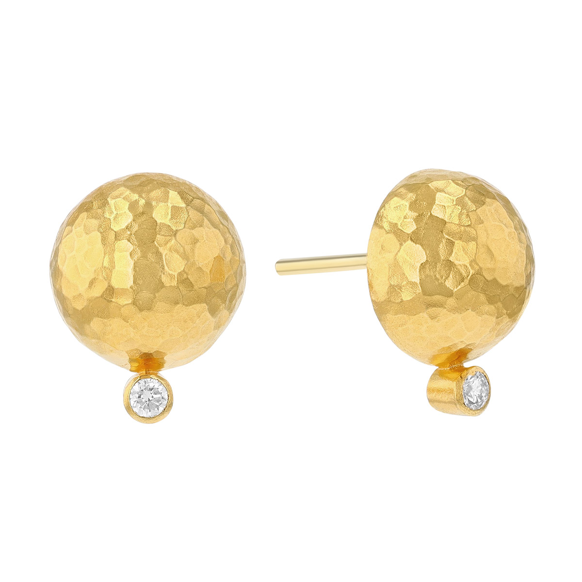 Gurhan Hammered Yellow Gold Dome Stud Earrings with Diamond Accent