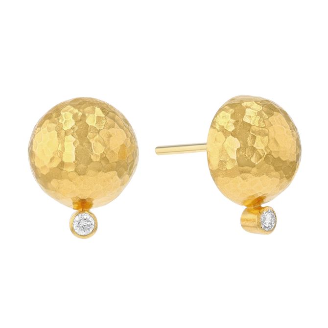 Gurhan Hammered Yellow Gold Dome Stud Earrings with Diamond Accent