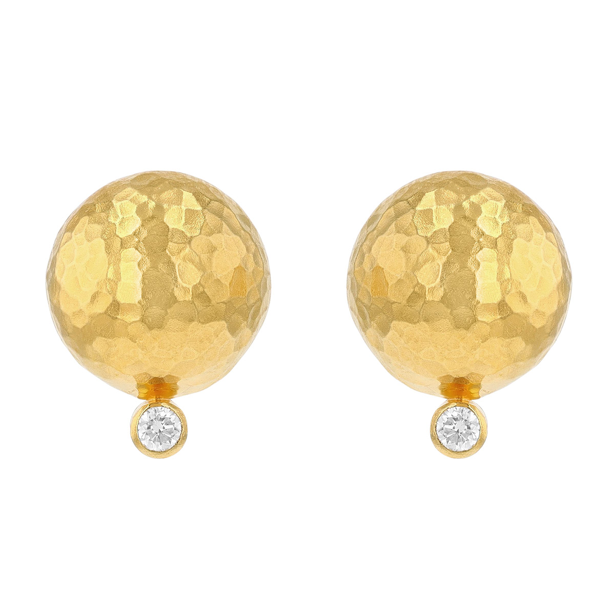 Gurhan Hammered Yellow Gold Dome Stud Earrings with Diamond Accent