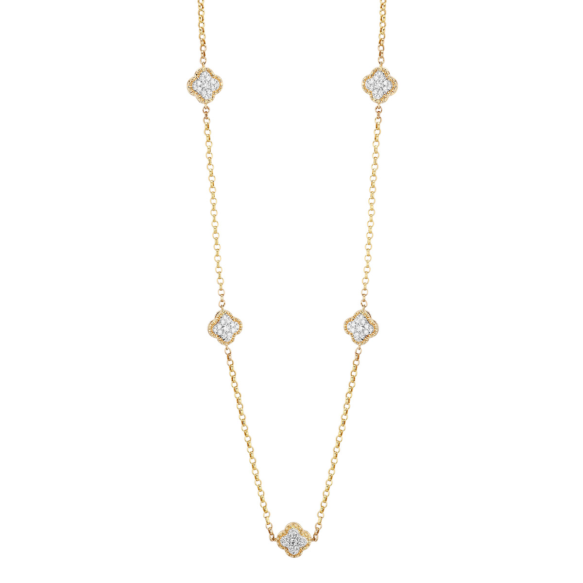 Diamond Pavé Quatrefoil Station Necklace in Yellow Gold, 17