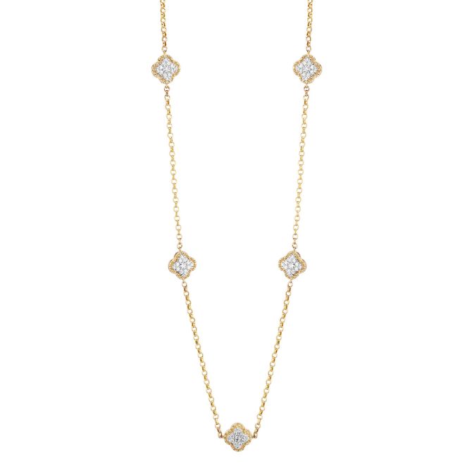 Diamond Pavé Quatrefoil Station Necklace in Yellow Gold, 17"