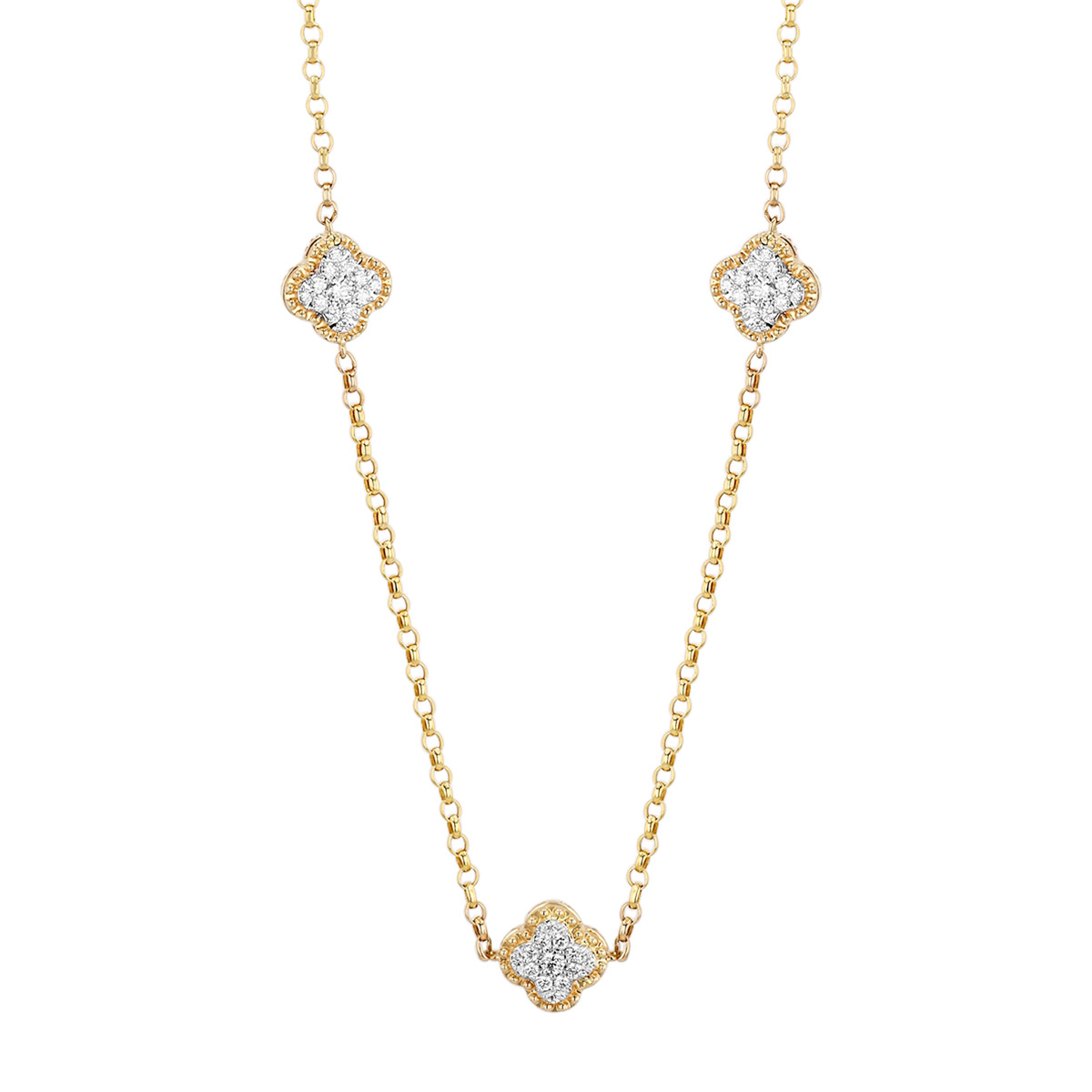 Diamond Pavé Quatrefoil Station Necklace in Yellow Gold, 17