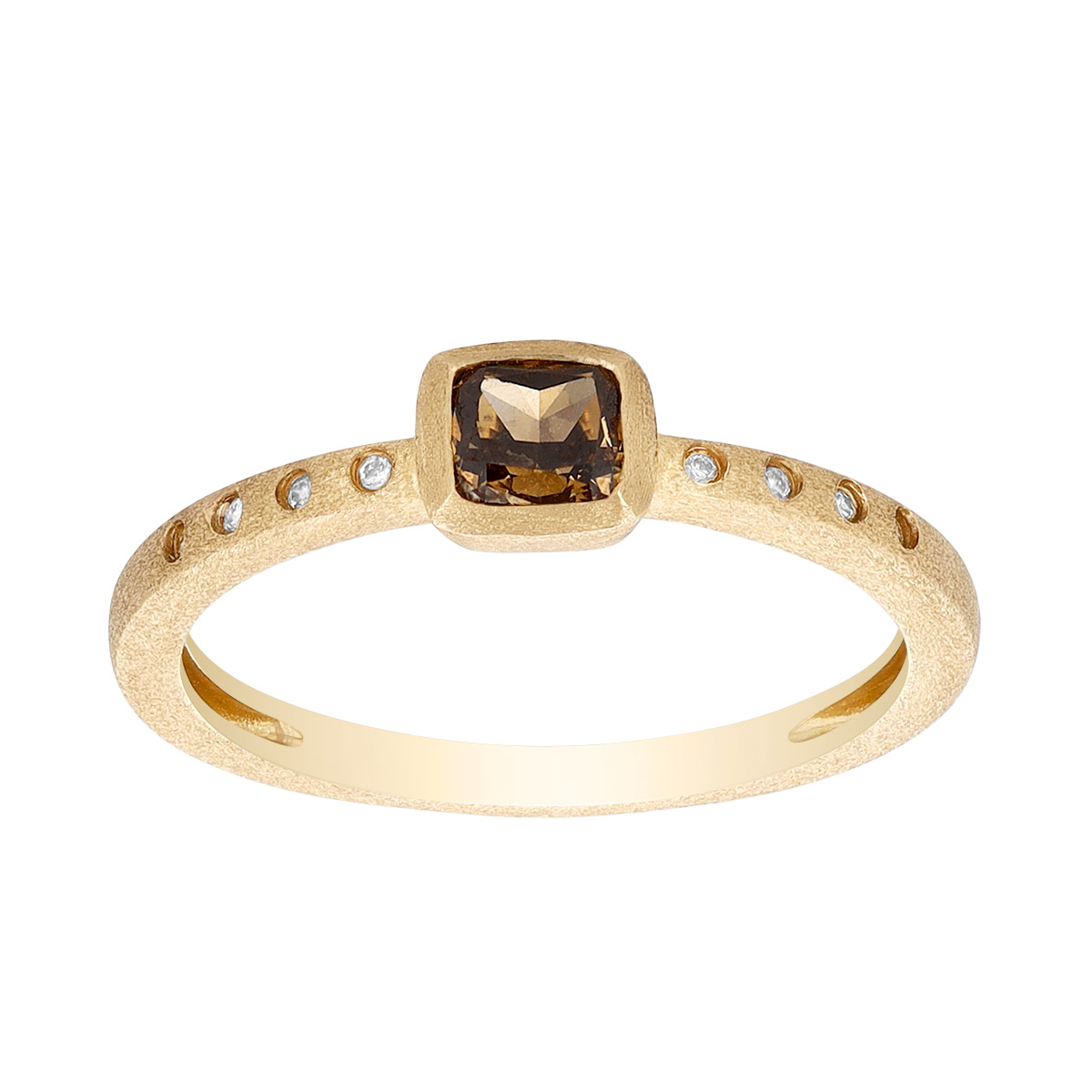 Bezel Set Cushion Cut Brown Diamond Ring in Satin Yellow Gold