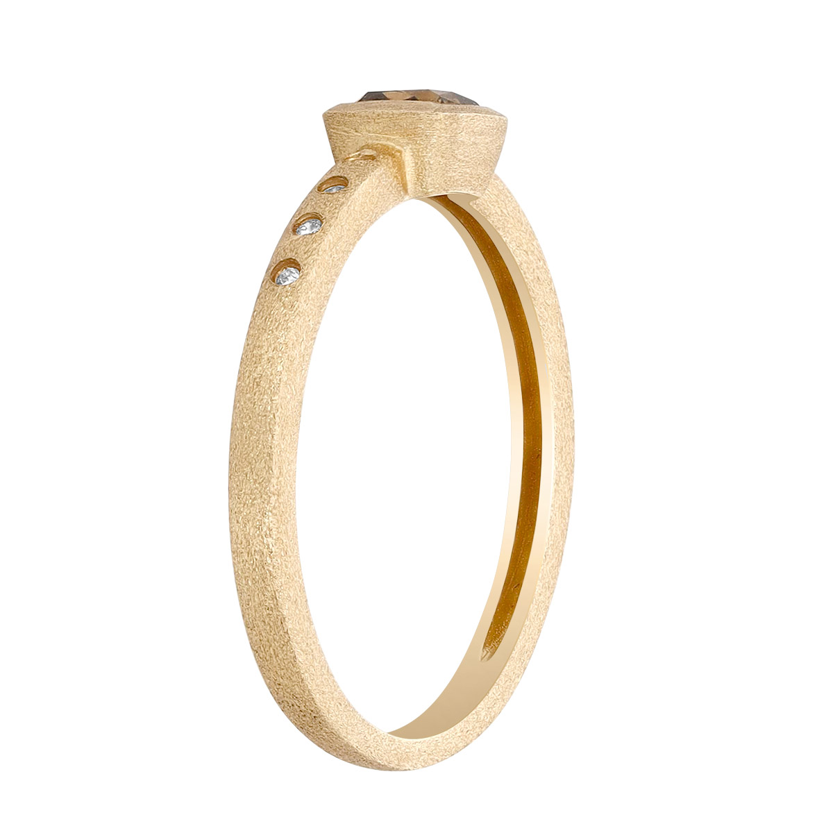 Bezel Set Cushion Cut Brown Diamond Ring in Satin Yellow Gold