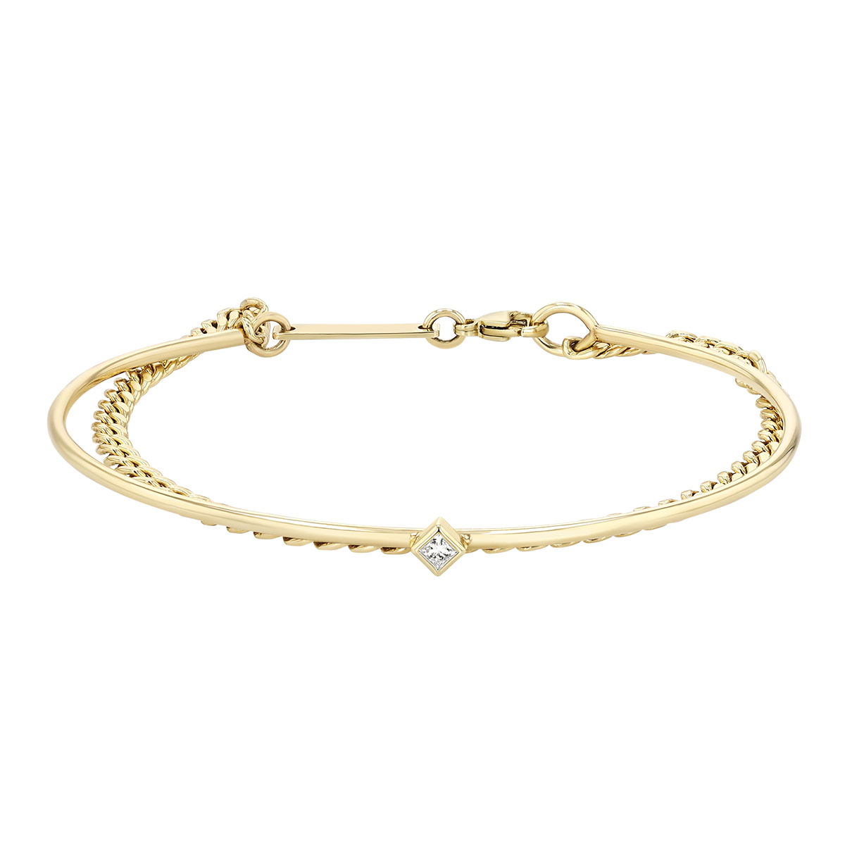 Zoe Chicco Bezel Set Princess Cut Diamond Bangle & Curb Chain Double Bracelet in Yellow Gold