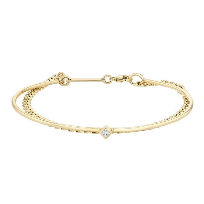 Zoe Chicco Bezel Set Princess Cut Diamond Bangle & Curb Chain Double Bracelet in Yellow Gold