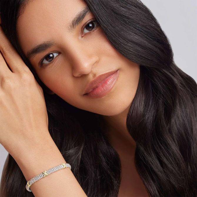 LAGOS Embrace Diamond & Yellow Gold X Station Caviar Bracelet in Sterling Silver, 7"