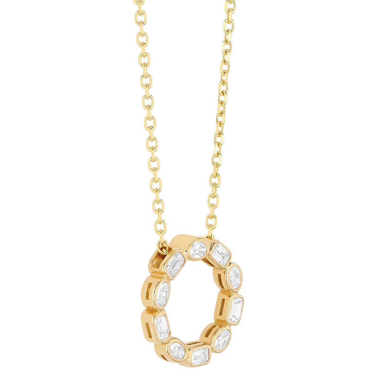 J.B. Star Oval & Emerald Cut Diamond Open Circle Pendant in Yellow Gold, 18