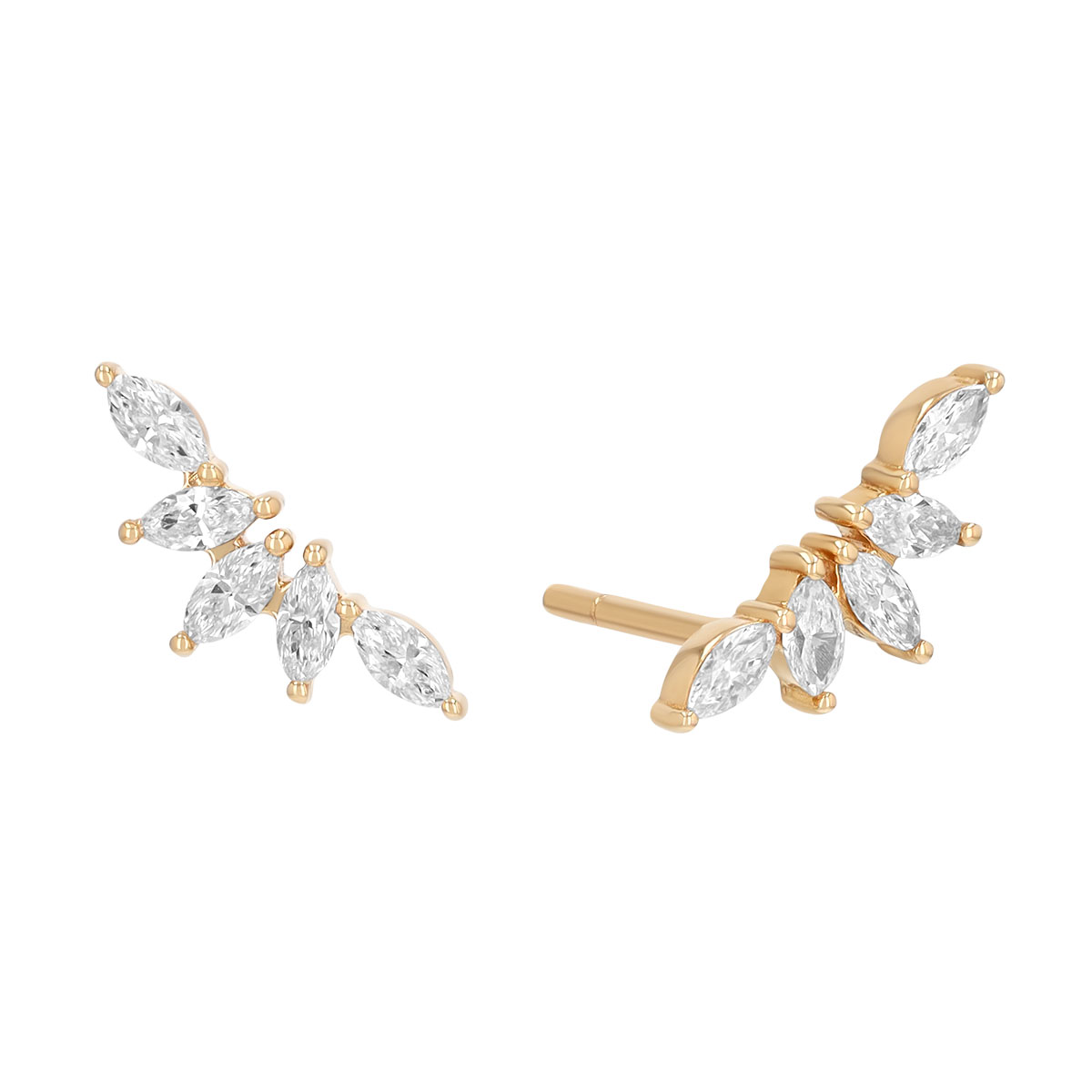 Dainty Marquise Diamond Climber Stud Earrings in Yellow Gold