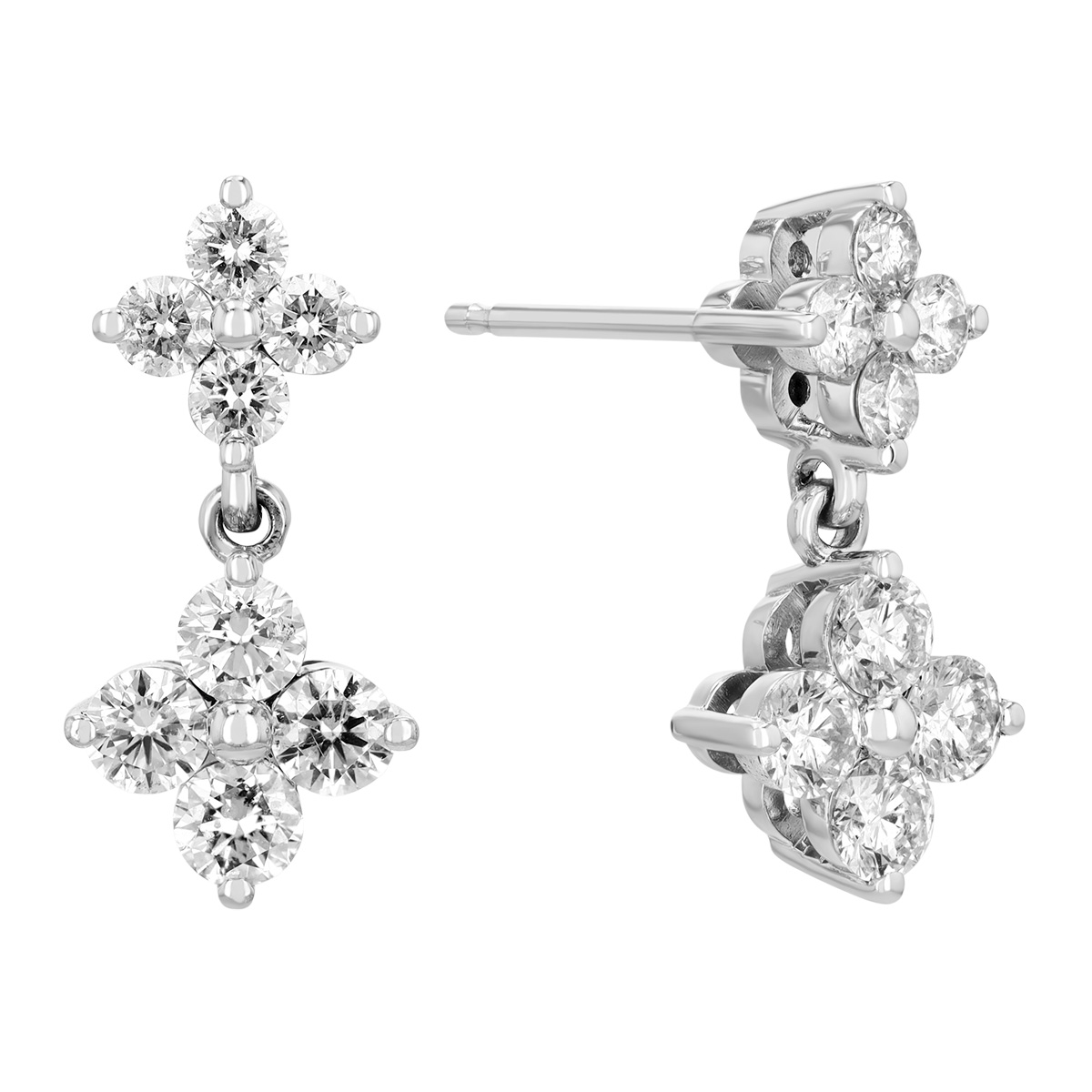 Diamond Double Quartet Drop Earrings in White Gold