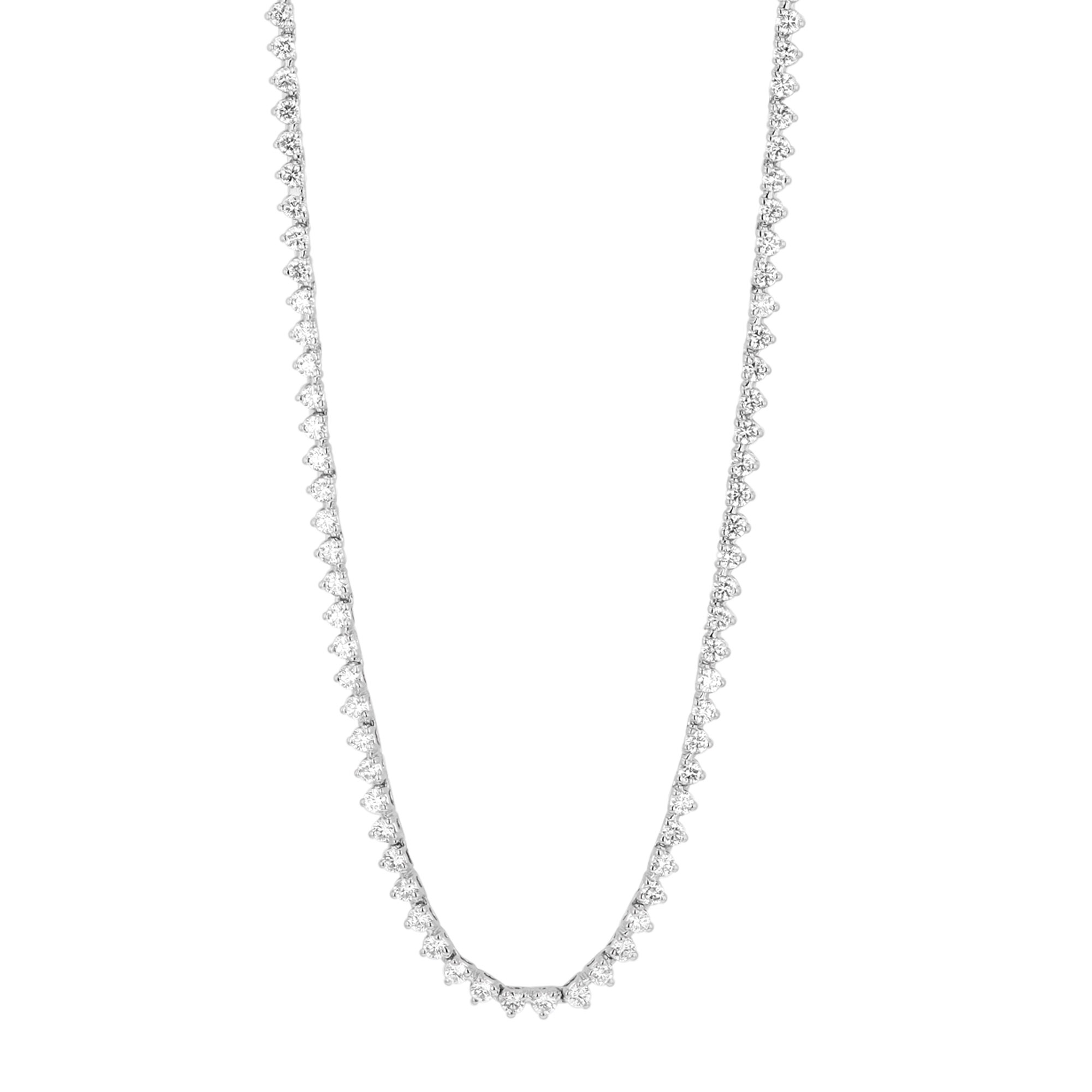Round Diamond 3 Prong Tennis Necklace in White Gold, 17