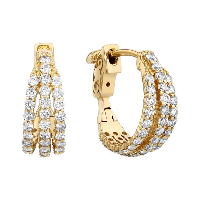 Diamond Triple Huggie Hoop Earrings in Yellow Gold