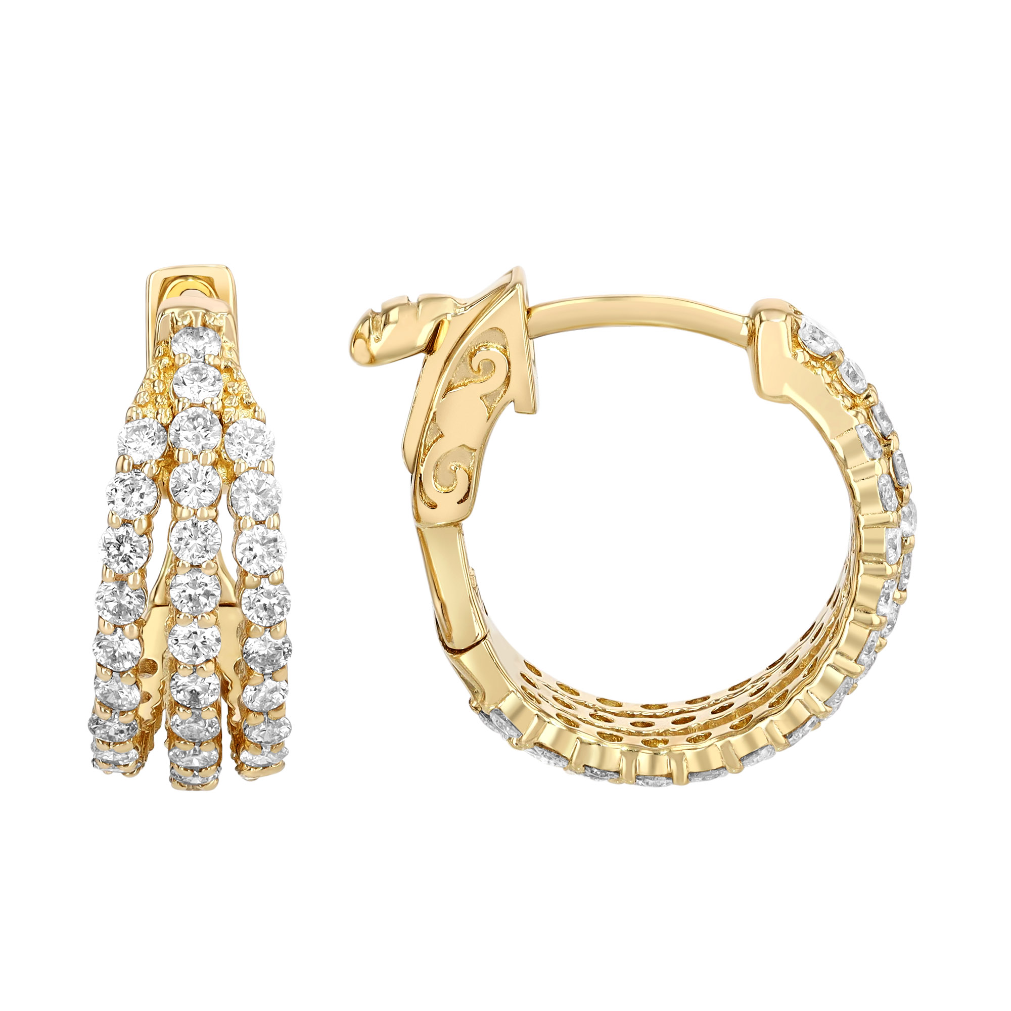 Diamond Triple Huggie Hoop Earrings in Yellow Gold