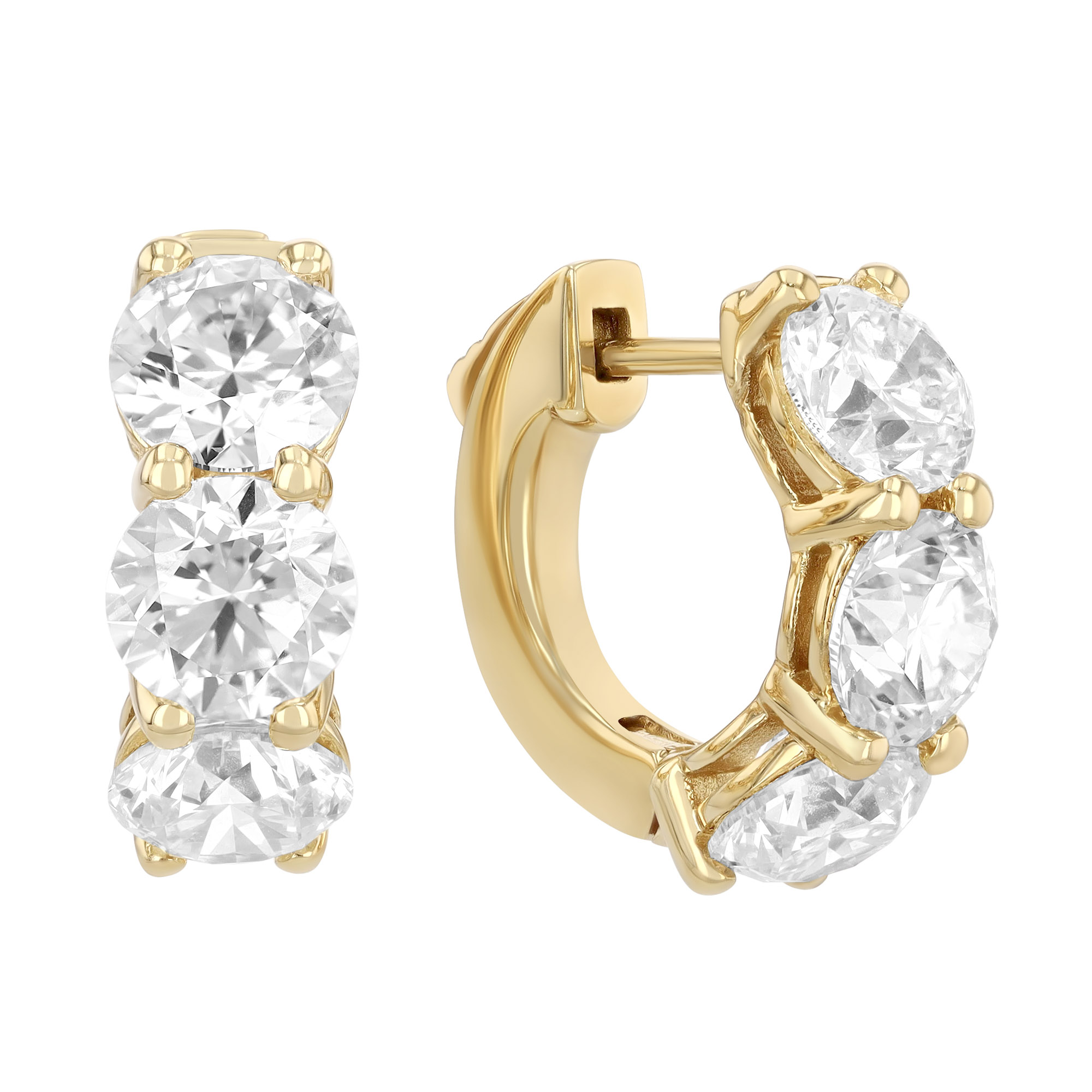 Round Diamond Trio Huggie Hoop Earrings in Yellow Gold, 4.21 cttw