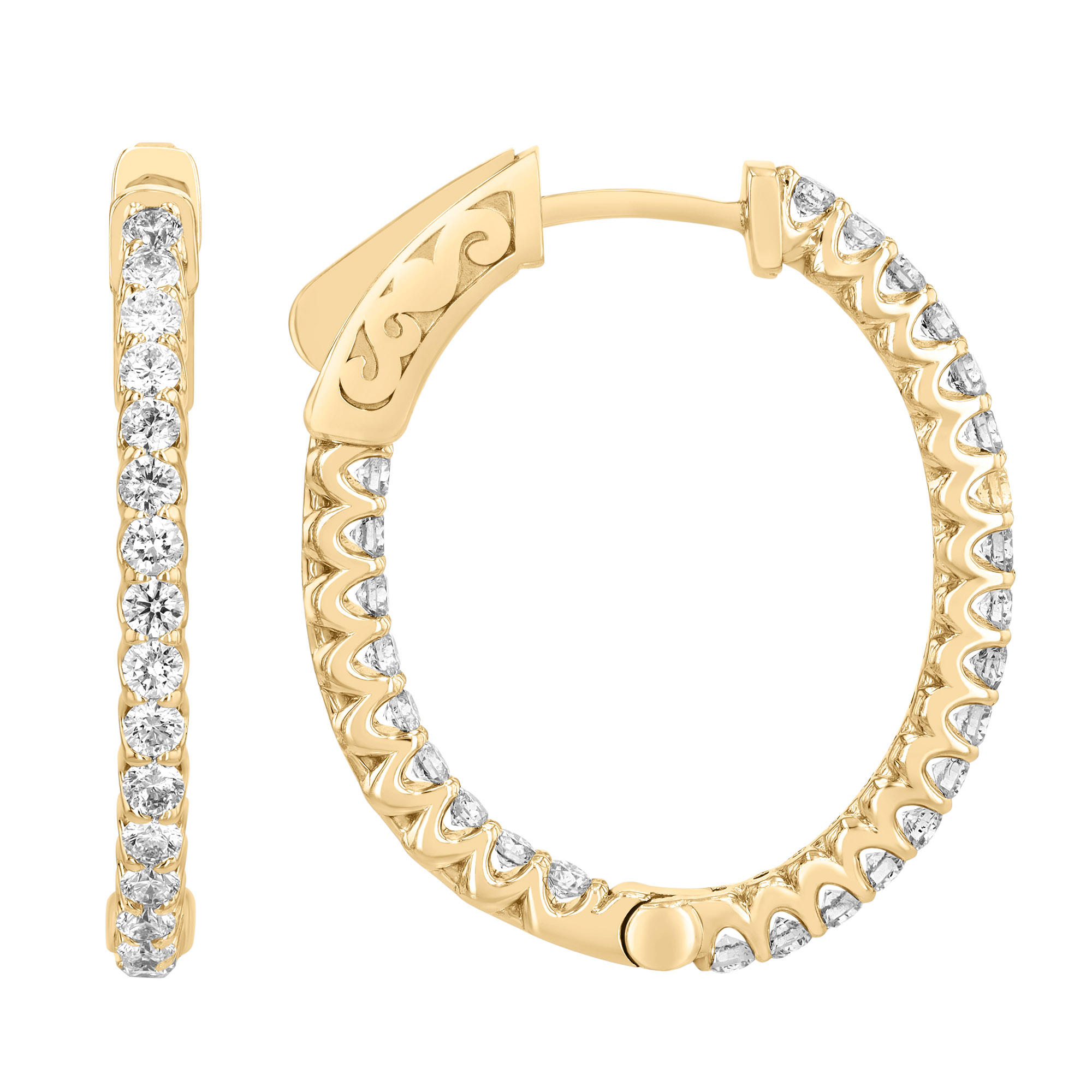 Round Diamond In & Out Hoop Earrings in Yellow Gold, 1.10 cttw