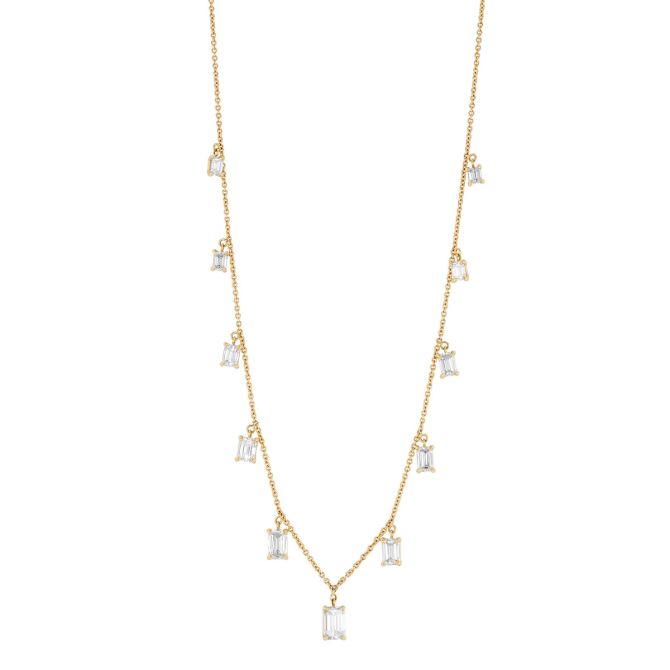 TARA Pearls Emerald Cut Diamond 11 Dangle Station Necklace in Yellow Gold, 18", 2.72 cttw