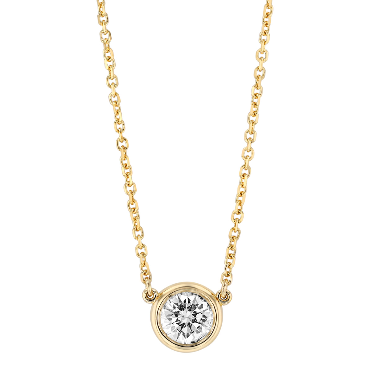 Bezel Set Round Diamond Solitaire Necklace in Yellow Gold, 18