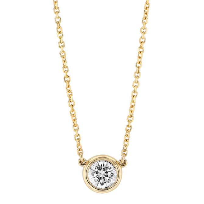 Bezel Set Round Diamond Solitaire Necklace in Yellow Gold, 18", 0.40 aptw