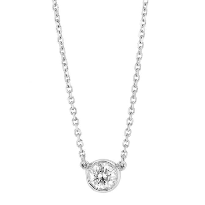 Bezel Set Round Diamond Solitaire Necklace in White Gold, 18", 0.25 aptw