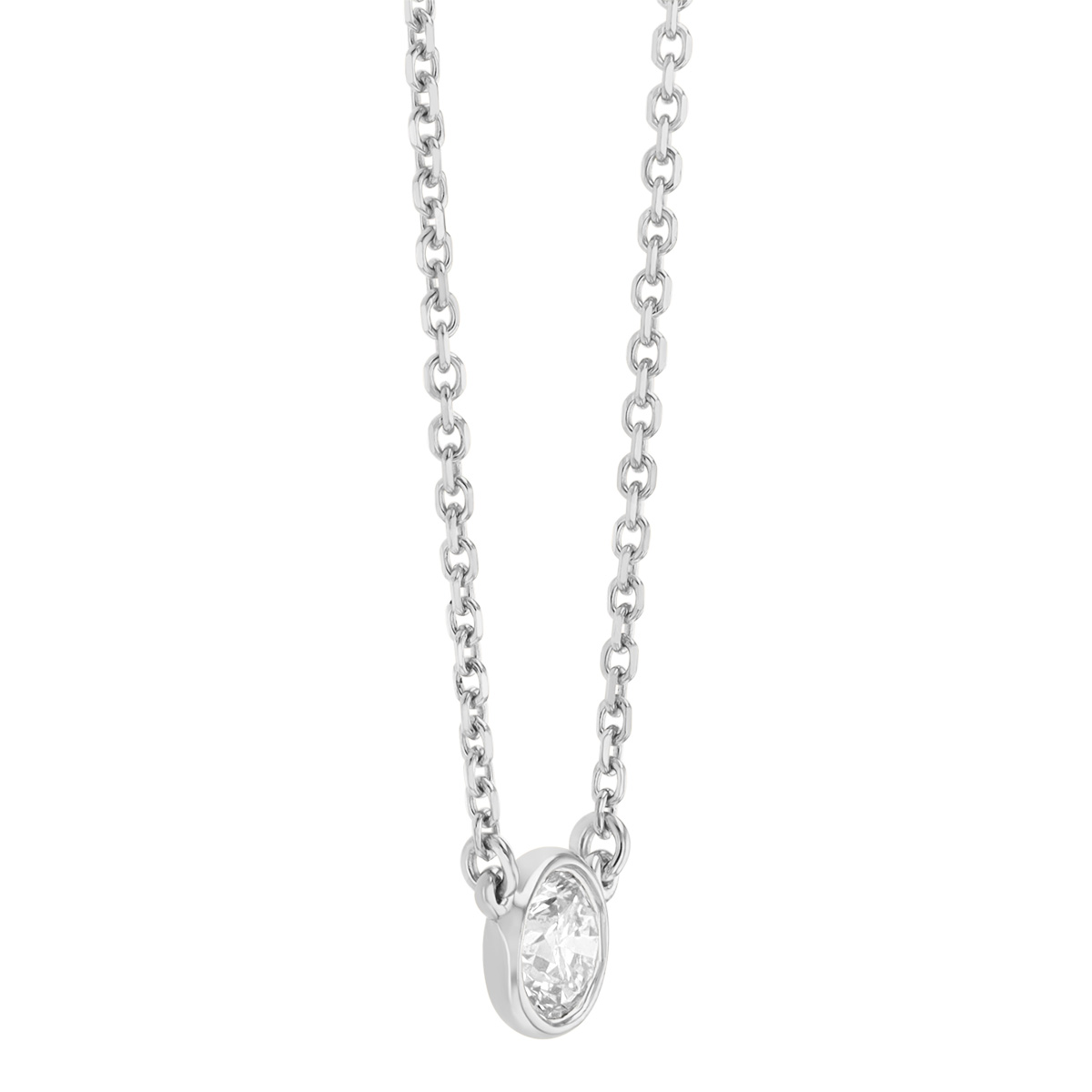 Bezel Set Round Diamond Solitaire Necklace in White Gold, 18