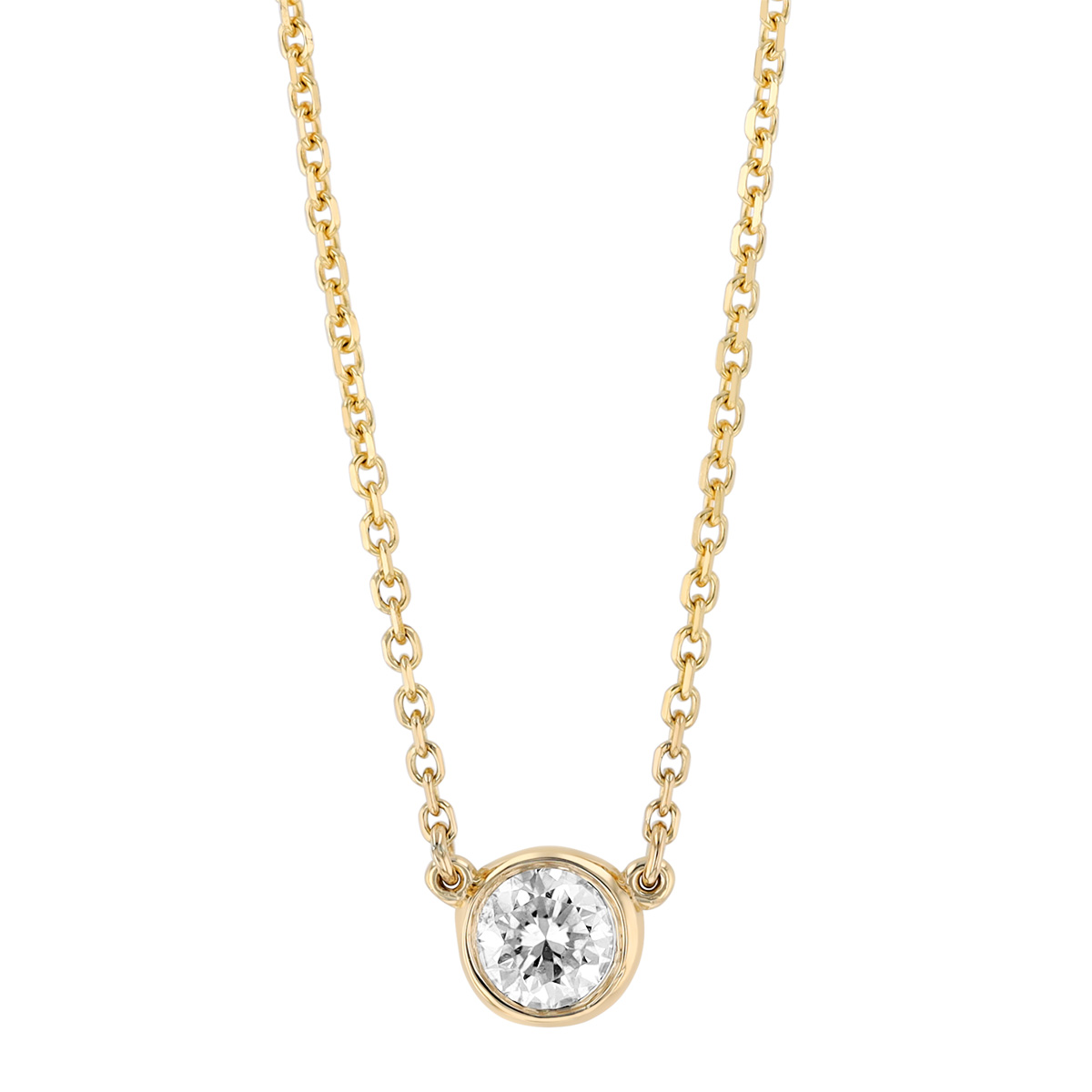 Bezel Set Round Diamond Solitaire Necklace in Yellow Gold, 18
