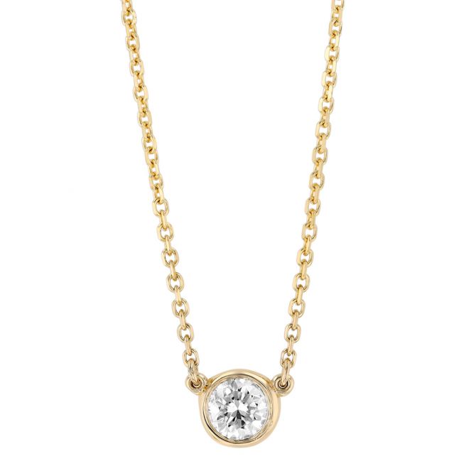 Bezel Set Round Diamond Solitaire Necklace in Yellow Gold, 18", 0.25 aptw