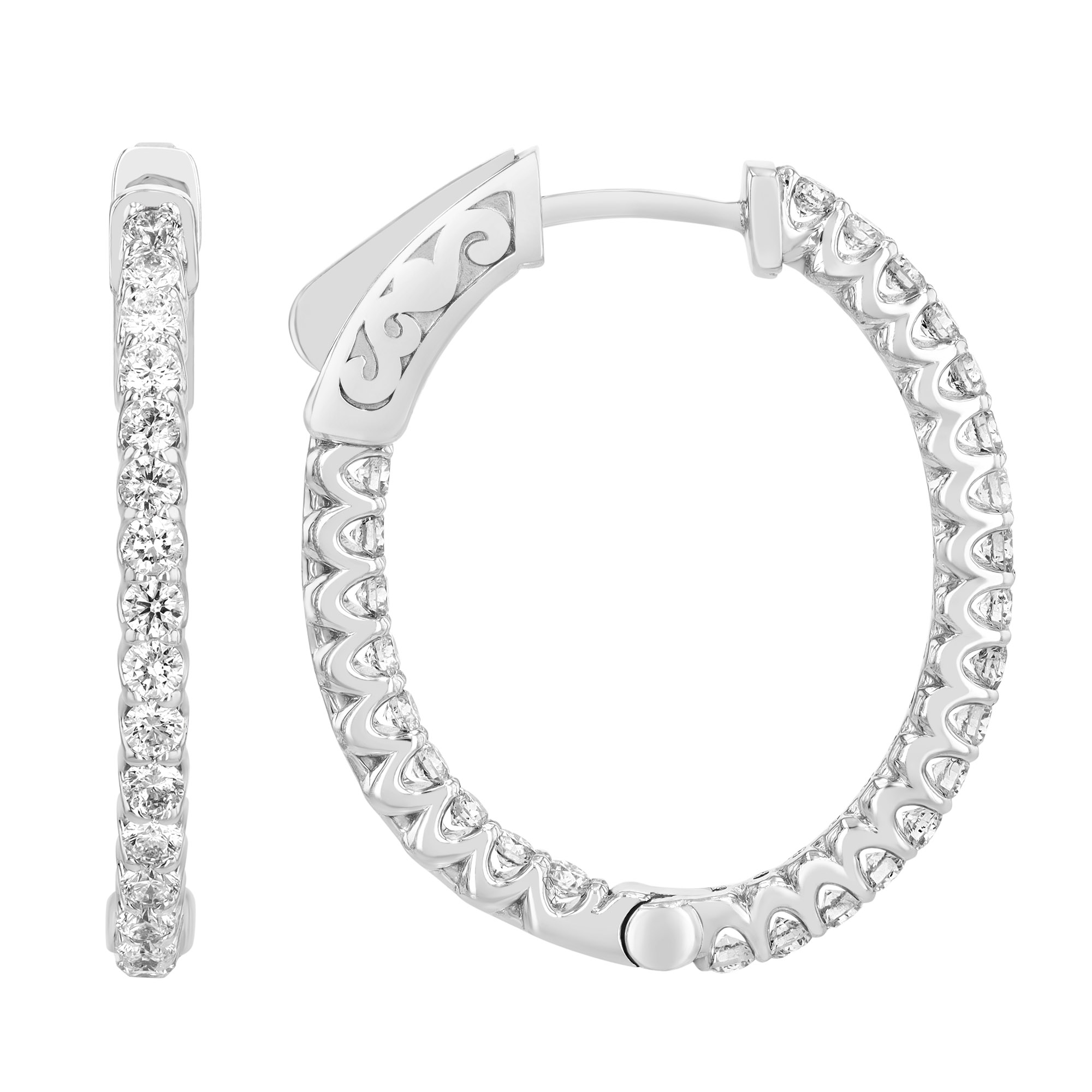 Round Diamond In & Out Hoop Earrings in White Gold, 1.01 cttw
